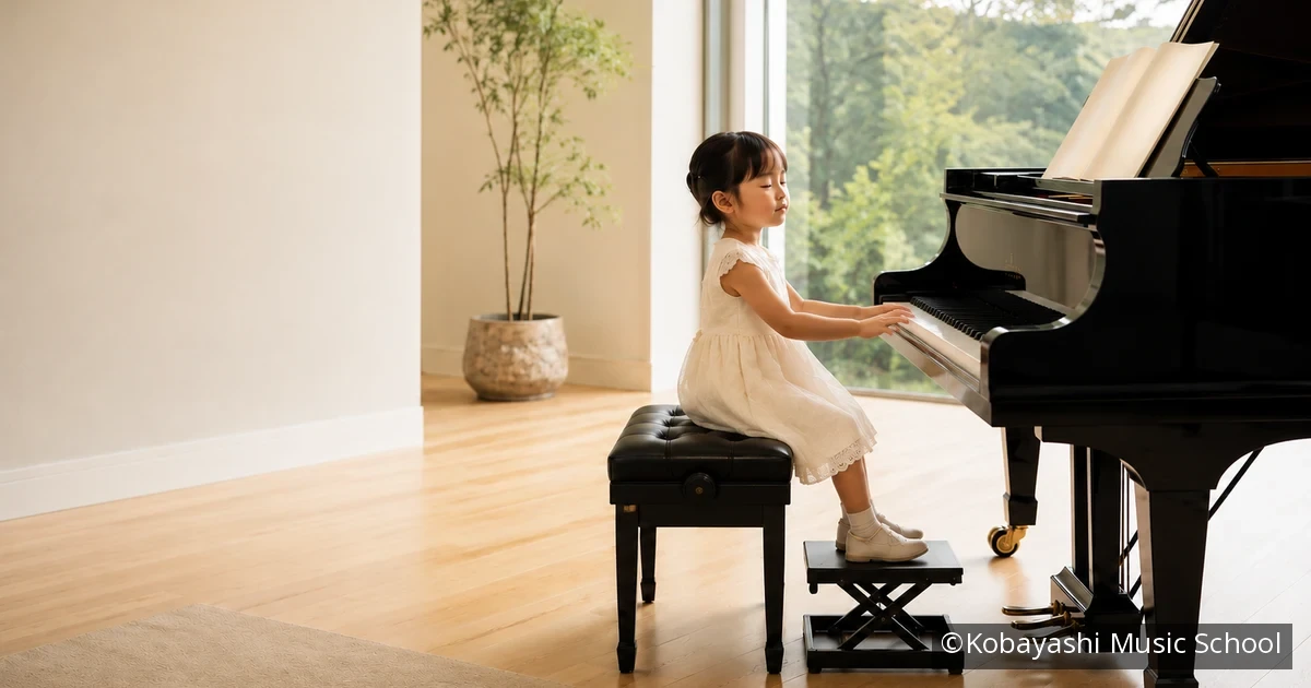 モダンな日本の部屋でグランドピアノに向かう幼児