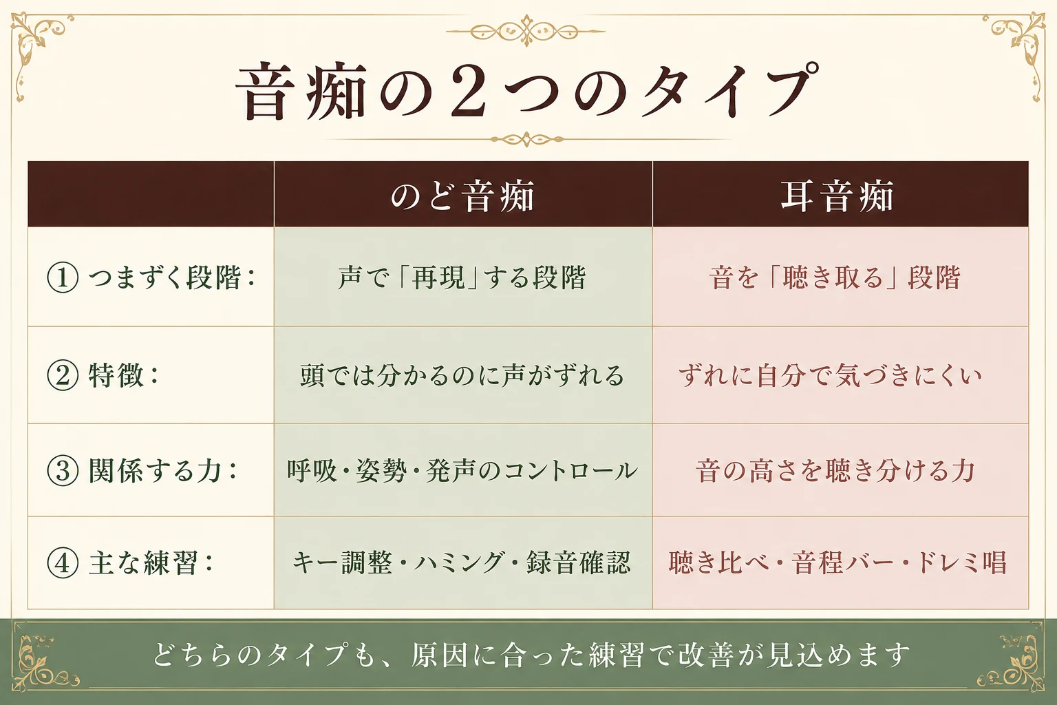 音痴の2つのタイプ（のど音痴・耳音痴）の特徴と練習方法の比較