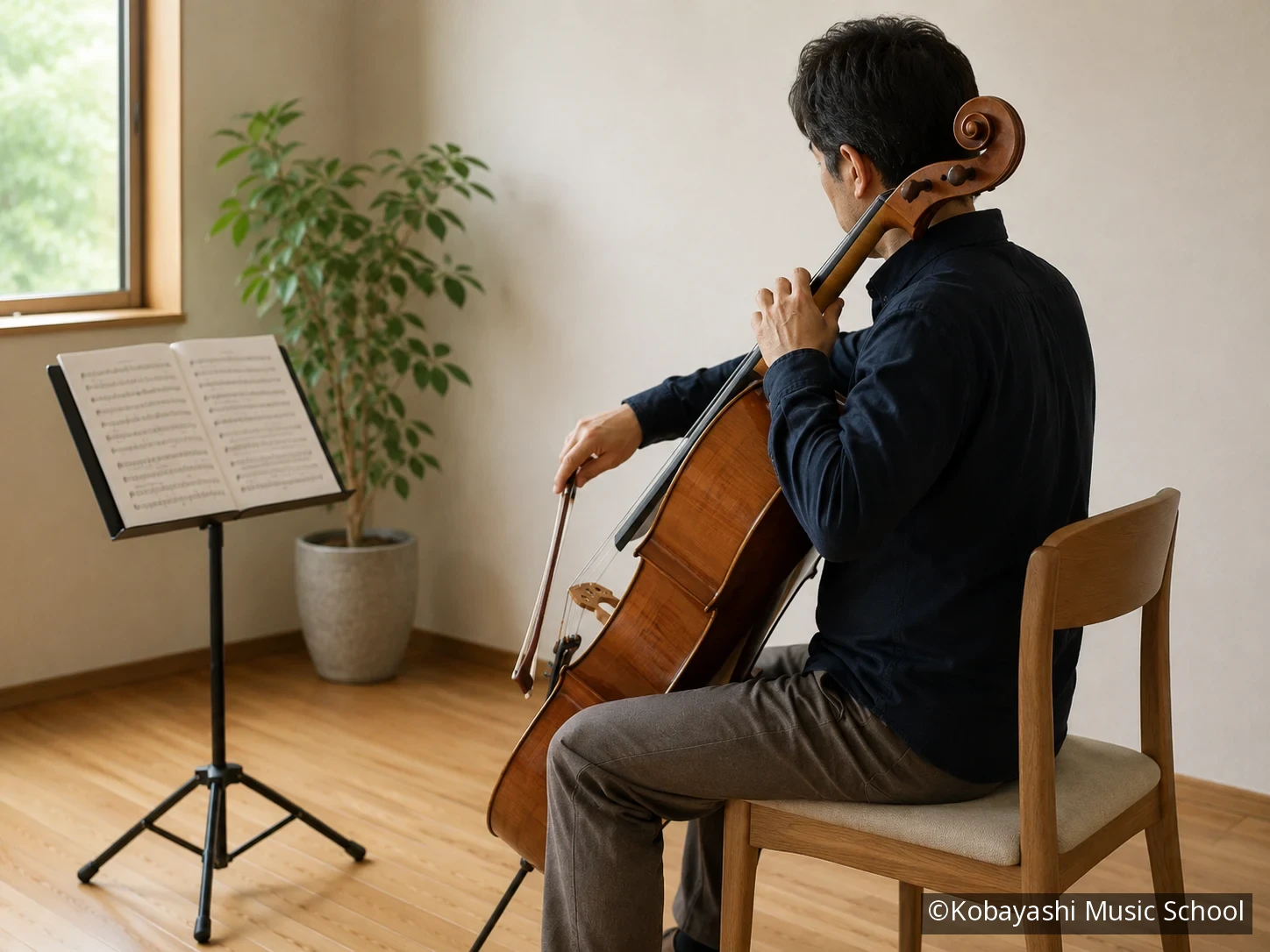 音楽室でチェロを練習する大人の演奏者