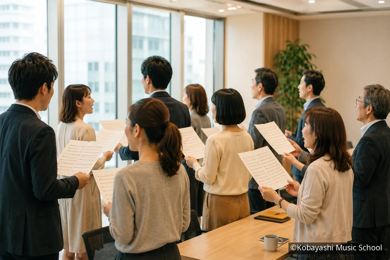 職場で楽譜を持ち合唱する日本人社員たち