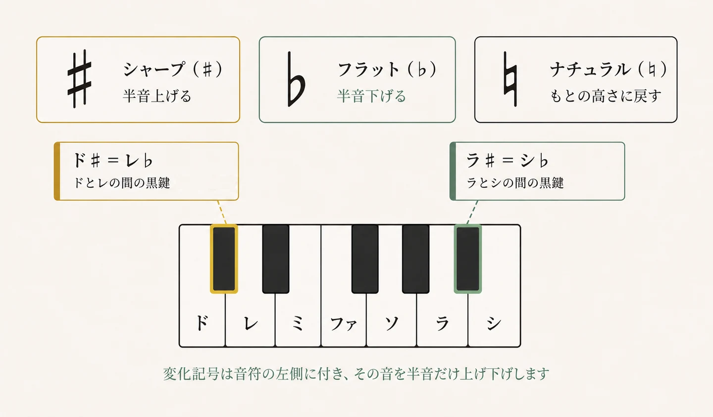 シャープ・フラット・ナチュラルと鍵盤上の黒鍵の位置を示す図解
