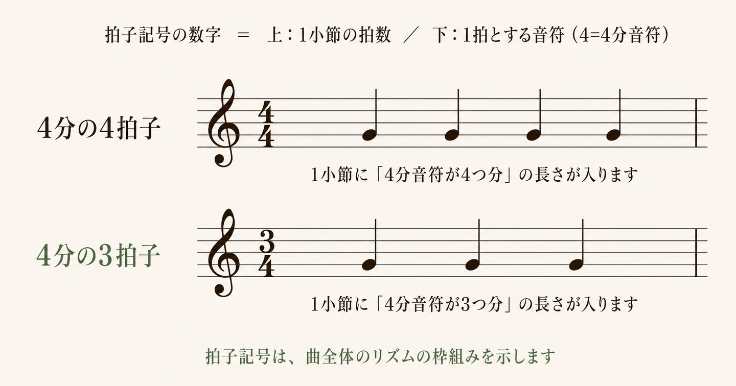 4分の4拍子と4分の3拍子の小節を五線で示した拍子記号の図解