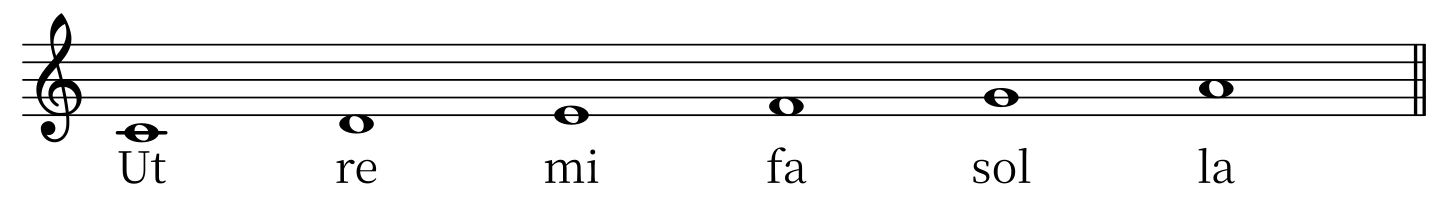 1段の楽譜。ド・レ・ミ・ファ・ソ・ラの6つの音に、ut・re・mi・fa・sol・la の音節が添えられている